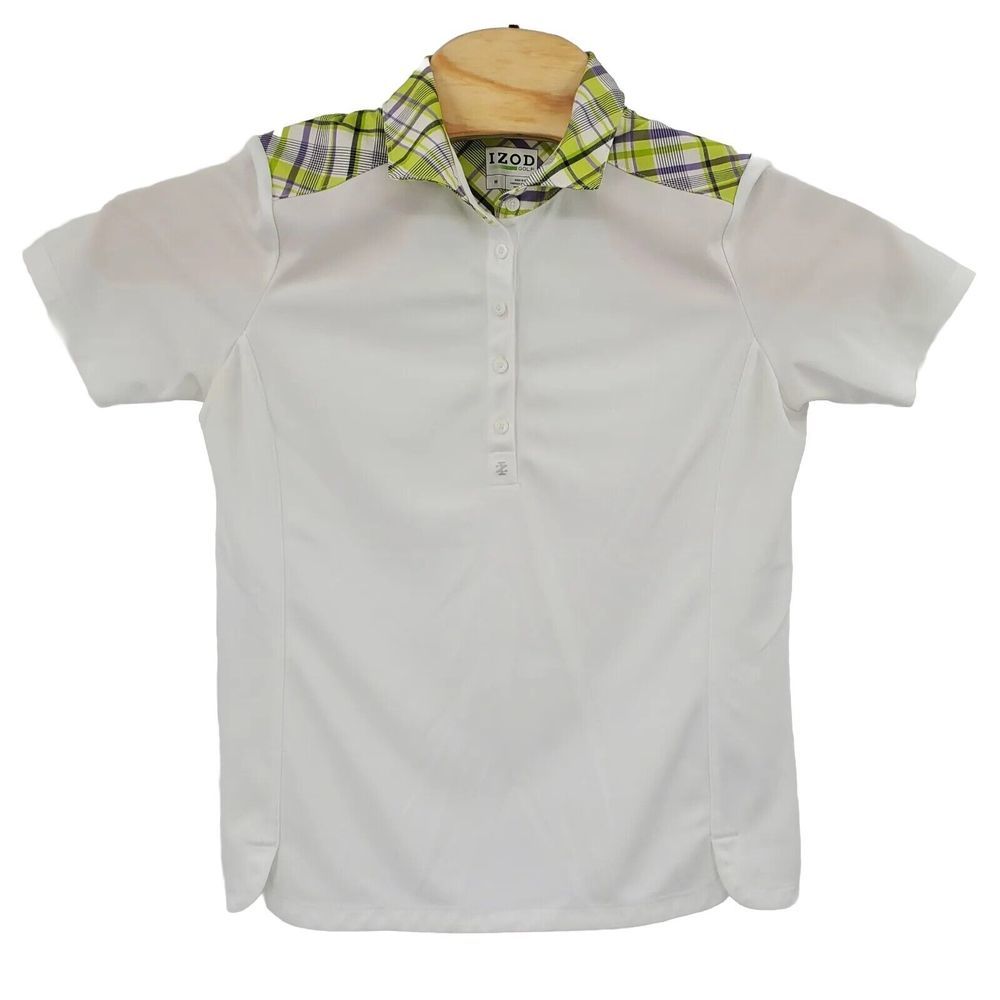 IZOD Golf Polo Women's Size Medium Top White Green Plaid Trim 1/4 Button Tennis